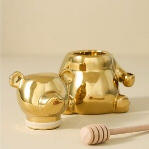 Anthropologie Metallic Honey Pot Stoneware with Wood Dipper - Gold